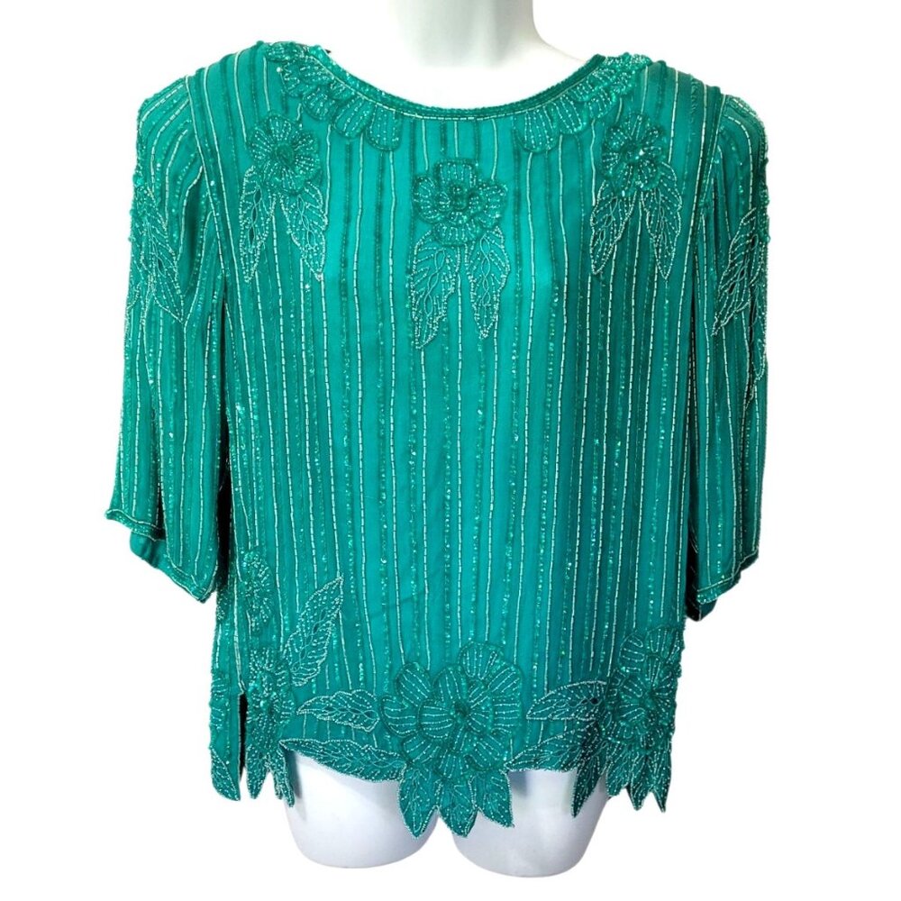 Vintage Mark & John II Womens Blouse M Beaded Sequin Silk Green Short Sleeve